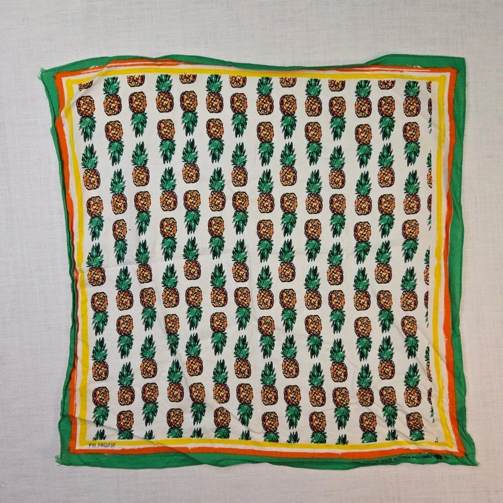 VTG Propst Pineapple Fruit Tropical Bandana PW OS Green Orange Border Cotton EUC